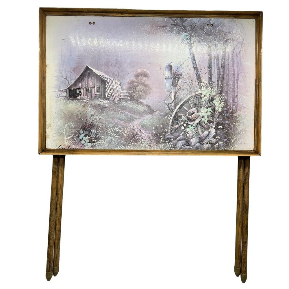 vintage tv trays  set of 4  tray top painting  farmhouse  barn mailbox  READ